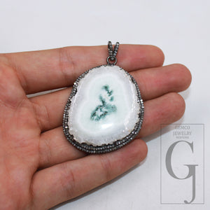 1pc Druzy Agate Slice White SOLAR Agate Pendant Rosecut Pave Diamond Pendant 925 Sterling Silver Handmade Finish Diamond Necklace Pendant