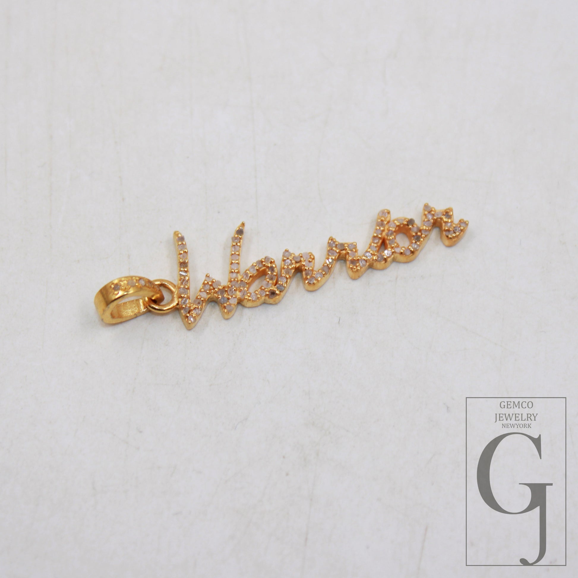 14k gold finish WARRIOR word designer Rosecut pave diamond pendant sterling silver handmade finish diamond jewelry pendant inspiring charm
