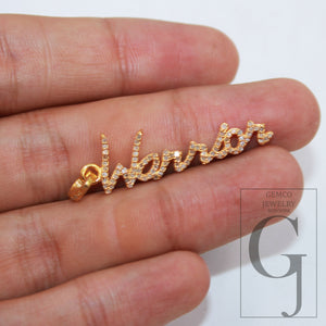 14k gold finish WARRIOR word designer Rosecut pave diamond pendant sterling silver handmade finish diamond jewelry pendant inspiring charm
