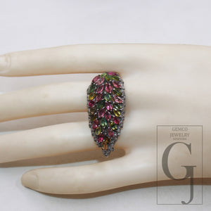 Multi coloured tourmaline stone ring Rosecut pave diamond ring 925 sterling silver handmade designer victorian look diamond leaf design ring