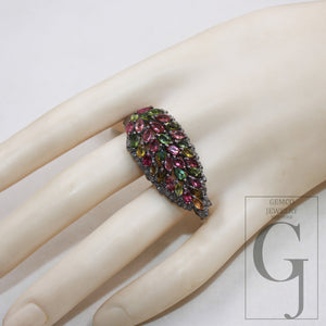 Multi coloured tourmaline stone ring Rosecut pave diamond ring 925 sterling silver handmade designer victorian look diamond leaf design ring