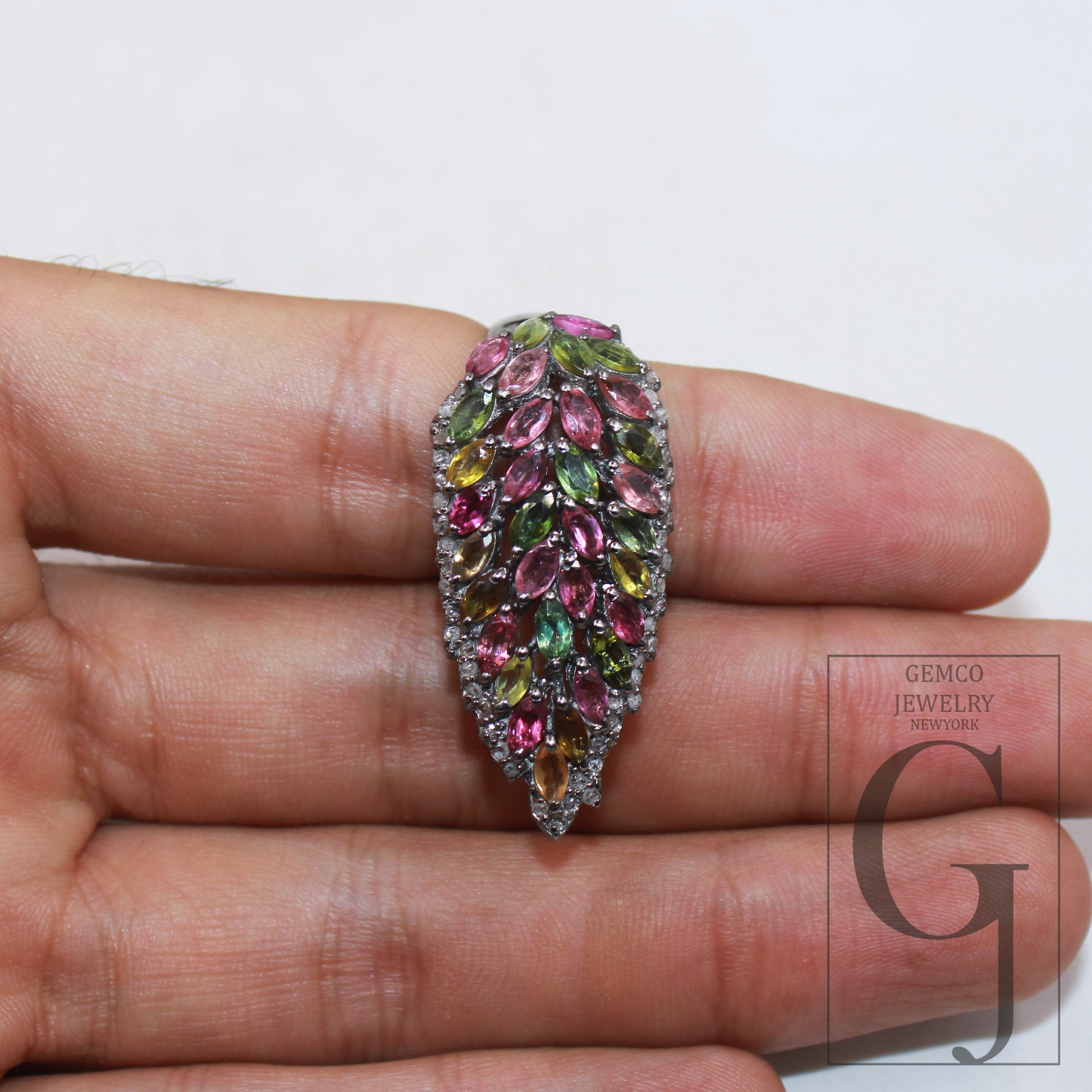 Multi coloured tourmaline stone ring Rosecut pave diamond ring 925 sterling silver handmade designer victorian look diamond leaf design ring