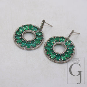 Beautiful Natural Emerald Pave Diamond Earring Sterling Silver Handmade Pave Diamond Earring Zambian  Emerald Stone Jewelry Wedding Jewelry