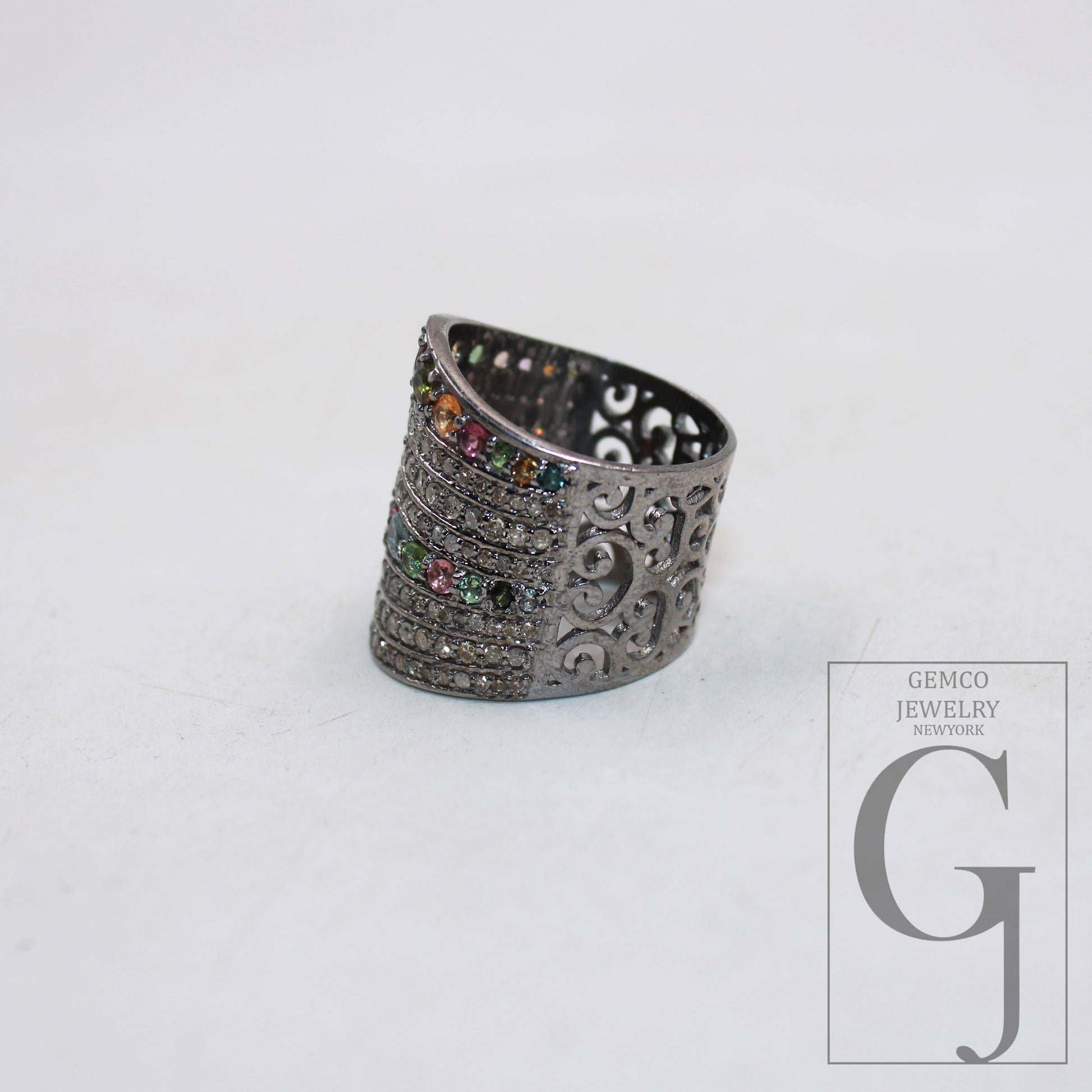 Oxidized finish multi tourmaline ring designer Rosecut pave handmade diamond ring sterling silver handmade silver finish diamond jewelry