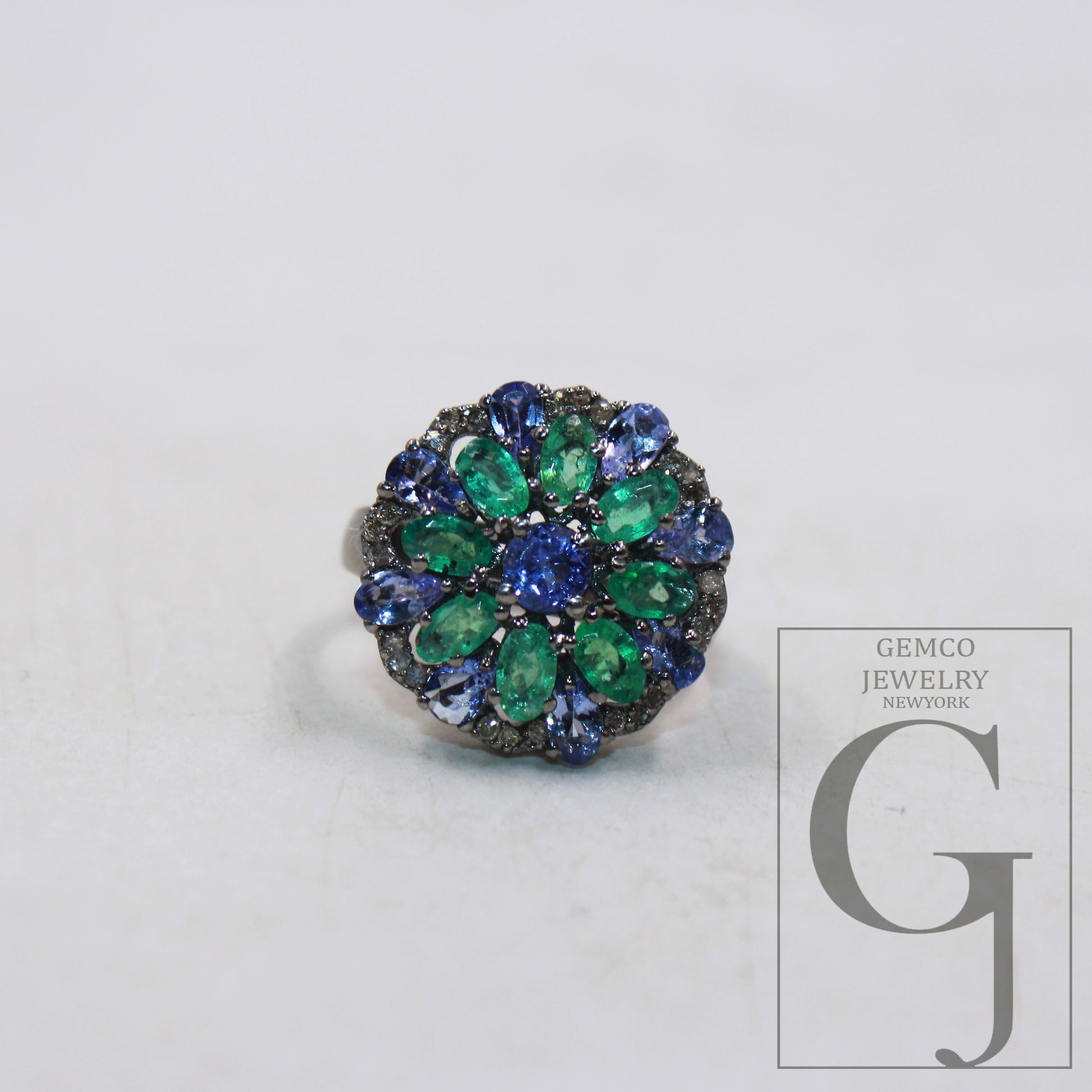 One of a kind designer emerald, tanzanite ring designer Rosecut pave diamond rings 925 sterling silver handmade silver finish diamond ring