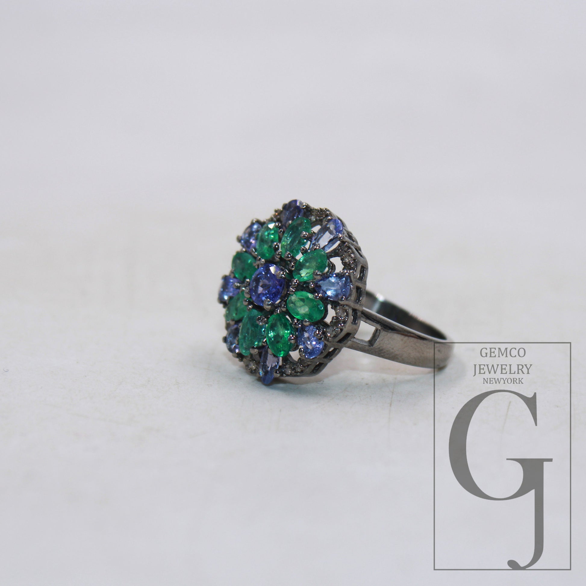 One of a kind designer emerald, tanzanite ring designer Rosecut pave diamond rings 925 sterling silver handmade silver finish diamond ring