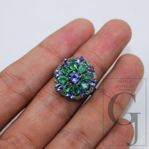 One of a kind designer emerald, tanzanite ring designer Rosecut pave diamond rings 925 sterling silver handmade silver finish diamond ring jewelry