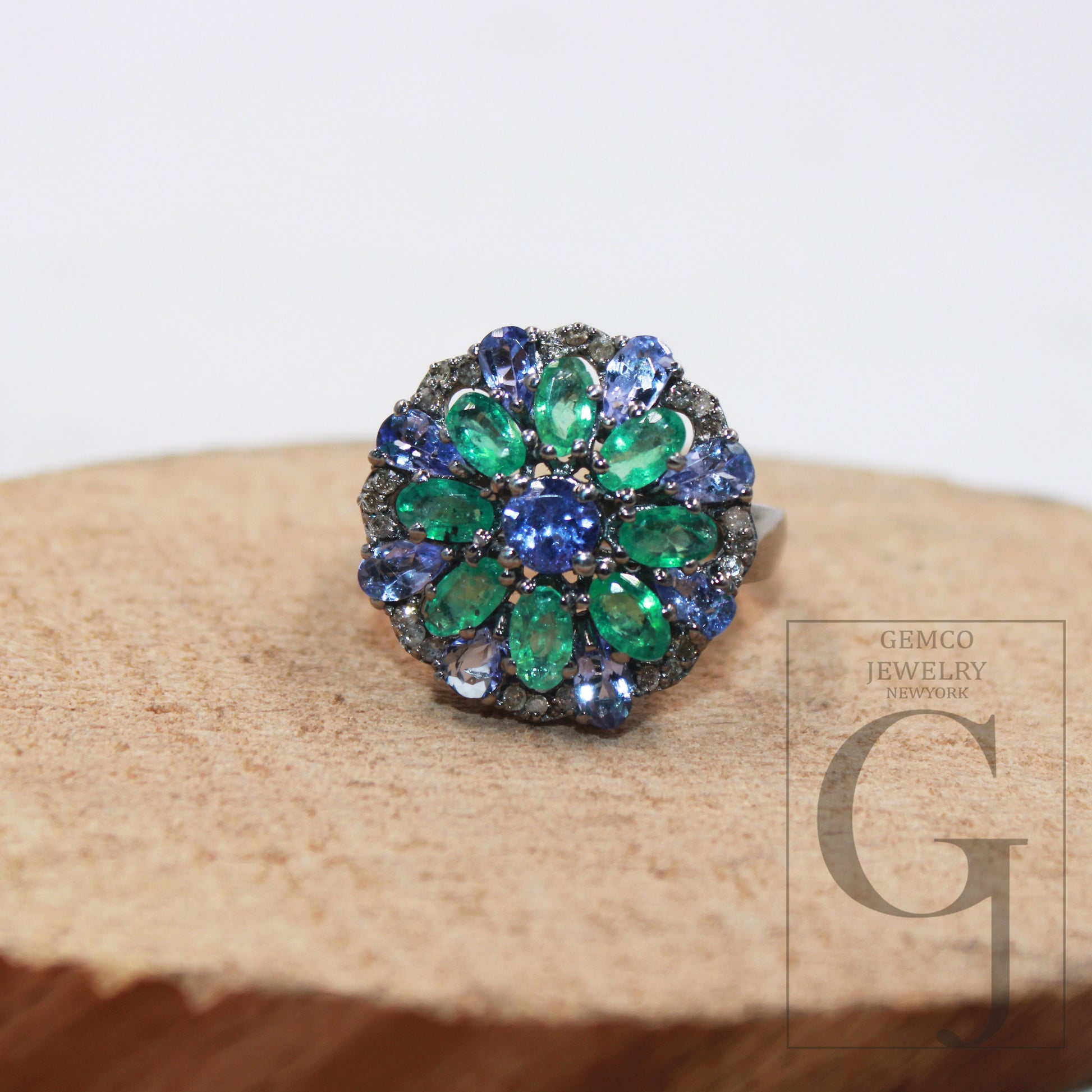 One of a kind designer emerald, tanzanite ring designer Rosecut pave diamond rings 925 sterling silver handmade silver finish diamond ring jewelry