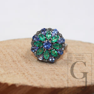 One of a kind designer emerald, tanzanite ring designer Rosecut pave diamond rings 925 sterling silver handmade silver finish diamond ring jewelry