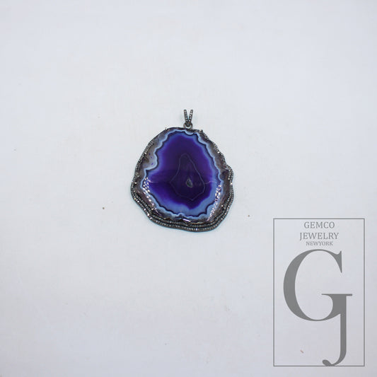 Blue druse natural agate pendant designer Rosecut pave diamond pendant 925 sterling silver handmade finish diamond charms necklace pendant