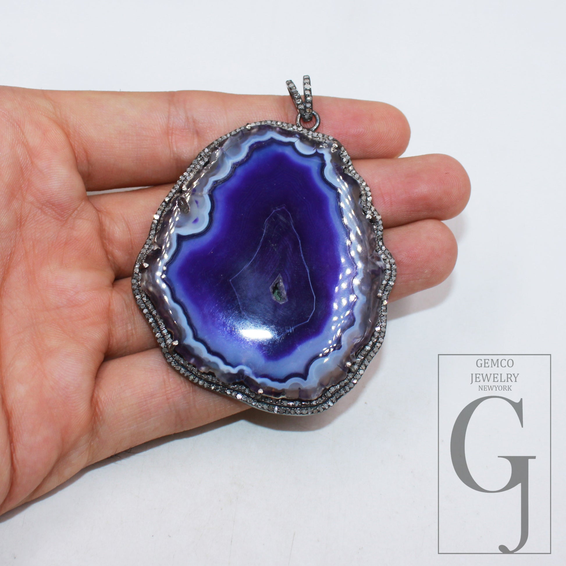Blue druse natural agate pendant designer Rosecut pave diamond pendant 925 sterling silver handmade finish diamond charms necklace pendant