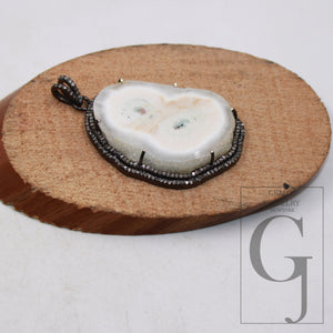 White SOLAR Agate pendant Druzy Agate Slice Rosecut pave diamond pendant 925 sterling silver handmade finish diamond charm necklace pendant