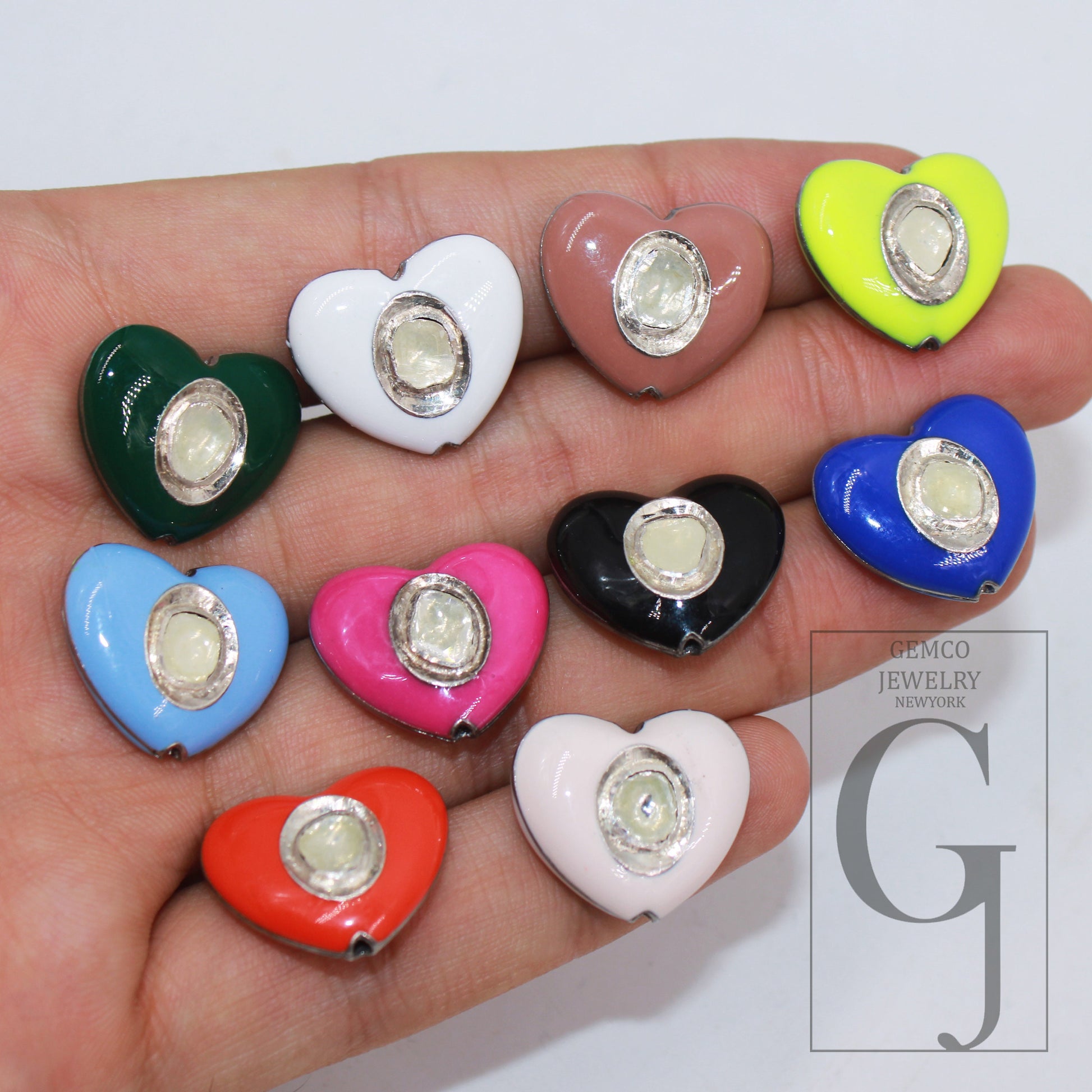 1pc Enamel Heart Beads Rocecut Pave Diamond Bead 925 Sterling Silver Handmade Silver Finish Diamond Enameling Bead