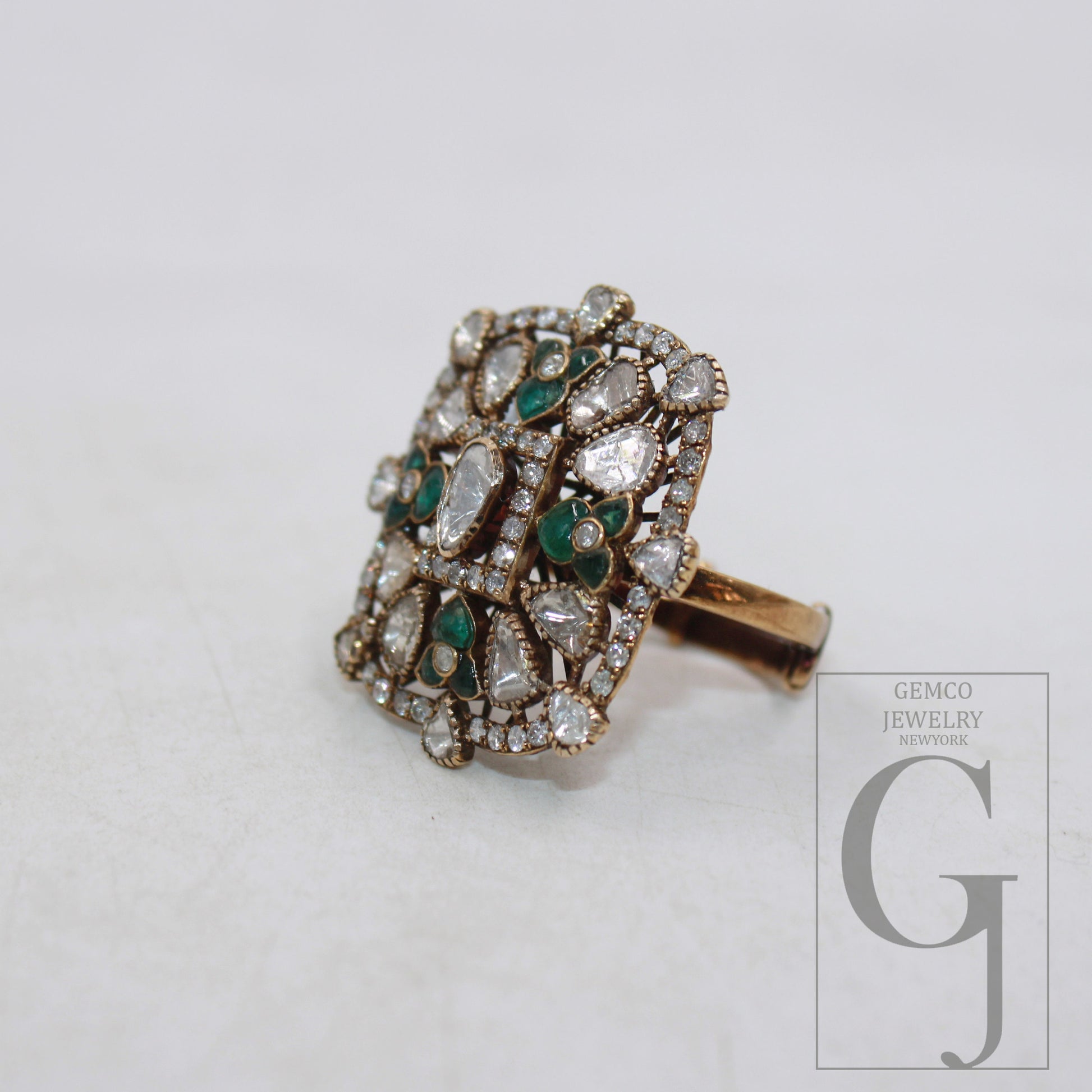 Antique look solid gold ring polki diamond handmade diamond ring gold jewelry indian style jewelry emerald ring open polki setting jewelry