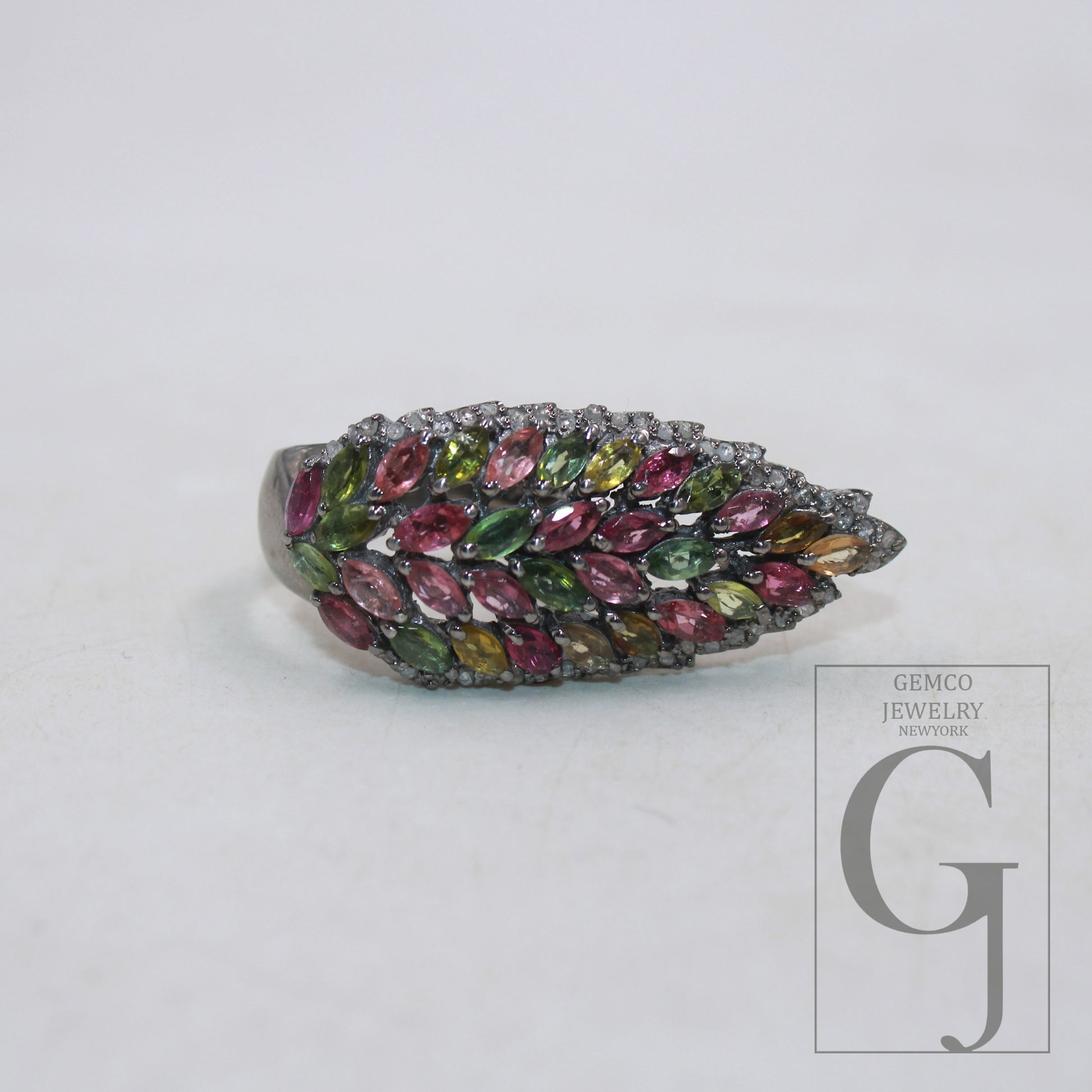 Multi coloured tourmaline stone ring Rosecut pave diamond ring 925 sterling silver handmade designer victorian look diamond leaf design ring