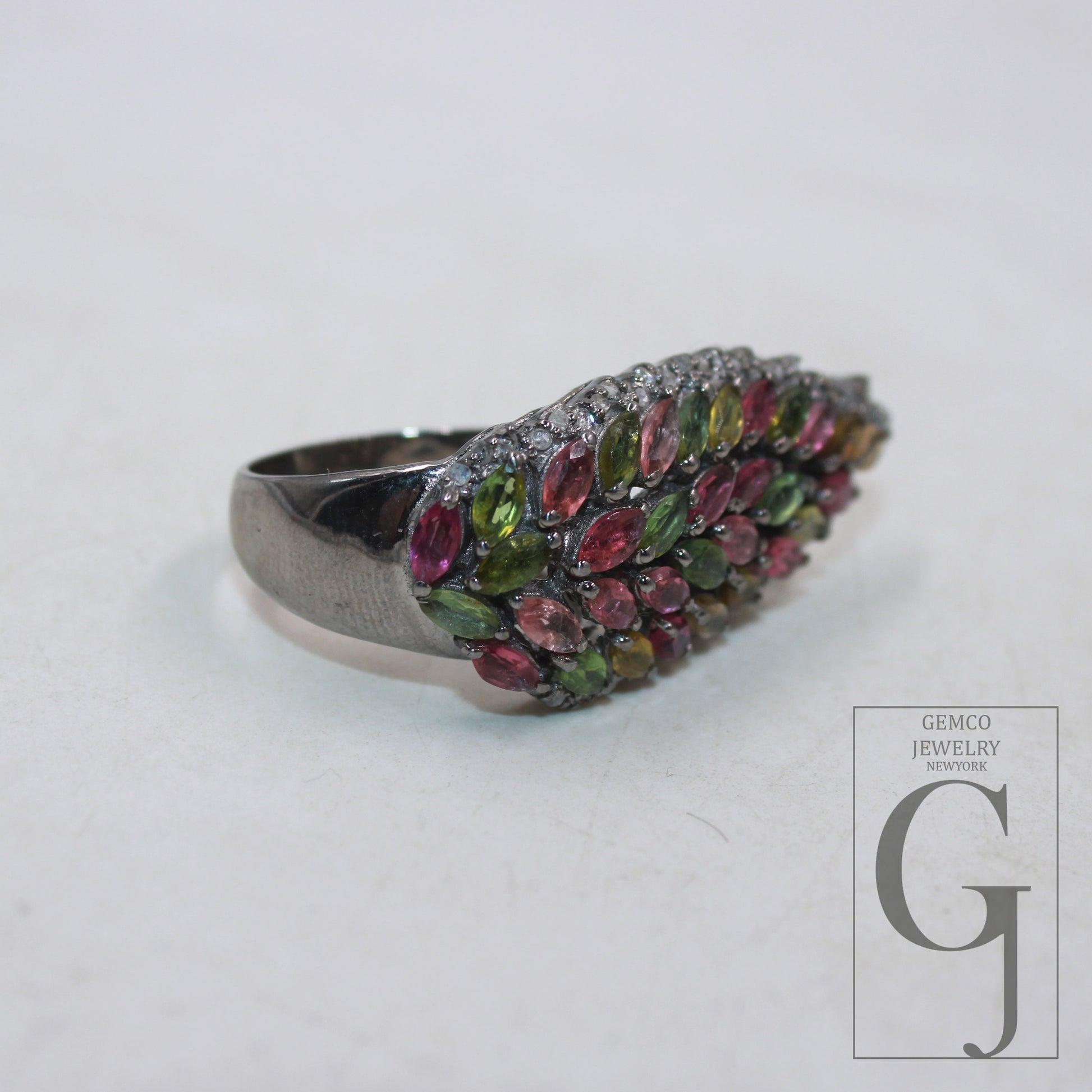 Multi coloured tourmaline stone ring Rosecut pave diamond ring 925 sterling silver handmade designer victorian look diamond leaf design ring