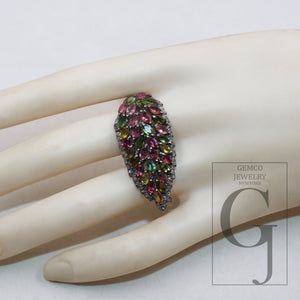 Multi-coloured tourmaline stone ring Rosecut pave diamond ring 925 sterling silver handmade designer Victorian look diamond leaf design ring