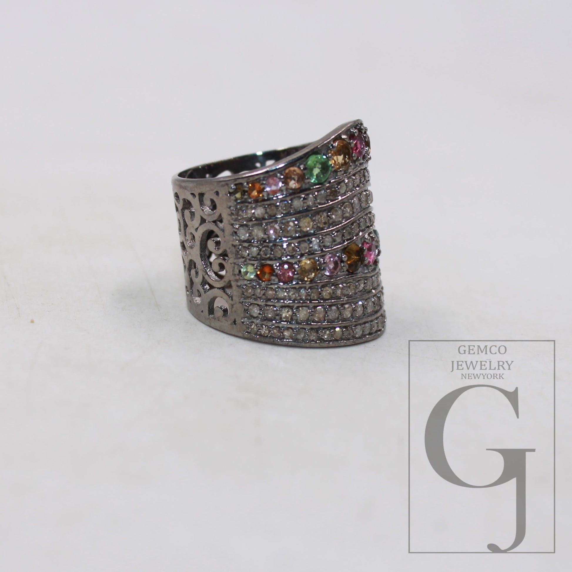 Oxidized finish multi tourmaline ring designer Rosecut pave handmade diamond ring sterling silver handmade silver finish diamond jewelry