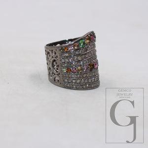 Oxidized finish multi tourmaline ring designer Rosecut pave handmade diamond ring sterling silver handmade silver finish diamond jewelry