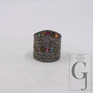 Oxidized finish multi tourmaline ring designer Rosecut pave handmade diamond ring sterling silver handmade silver finish diamond jewelry