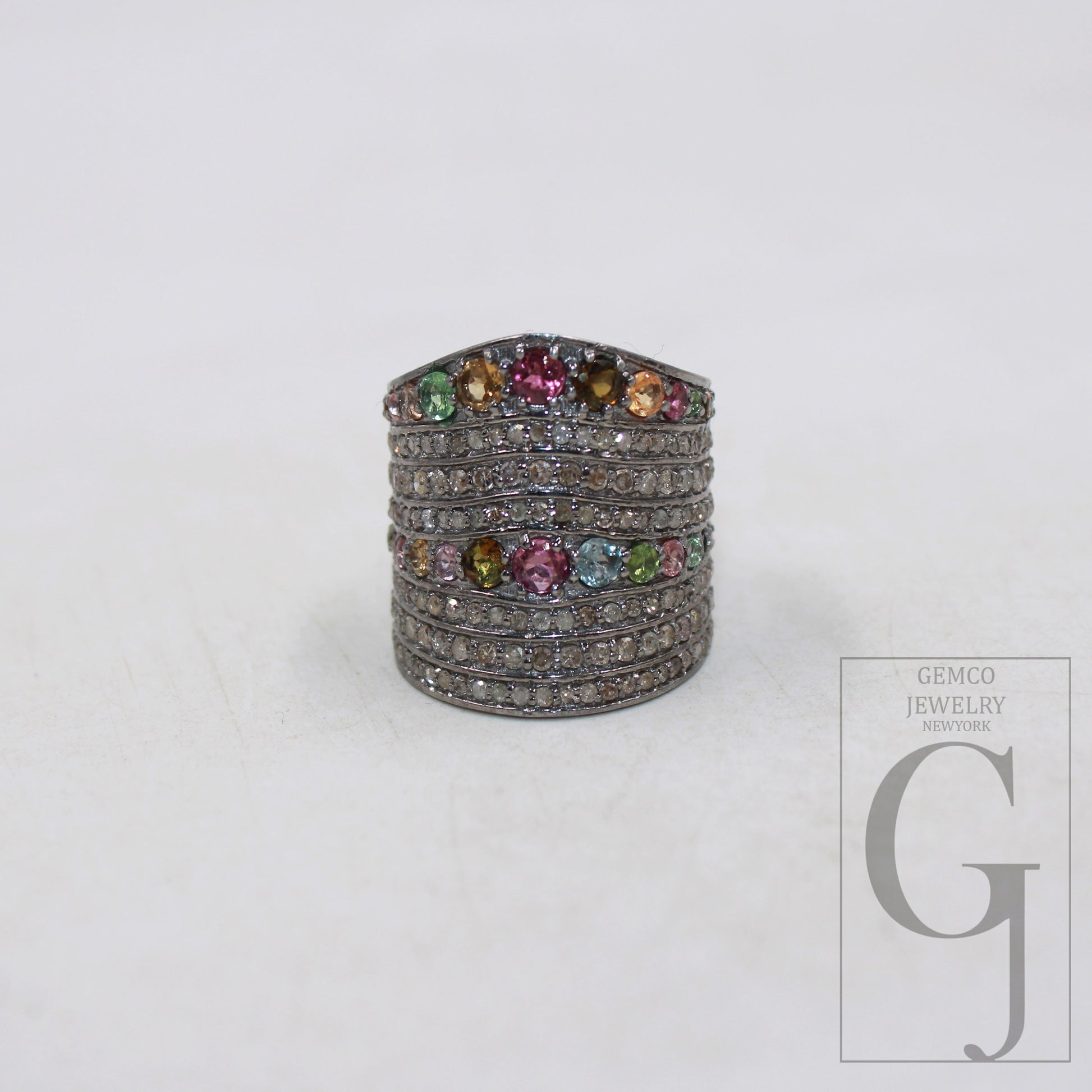 Oxidized finish multi tourmaline ring designer Rosecut pave handmade diamond ring sterling silver handmade silver finish diamond jewelry