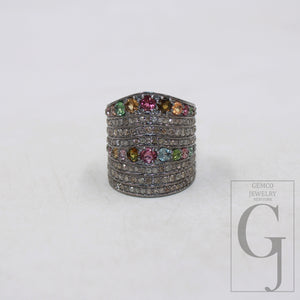 Oxidized finish multi tourmaline ring designer Rosecut pave handmade diamond ring sterling silver handmade silver finish diamond jewelry