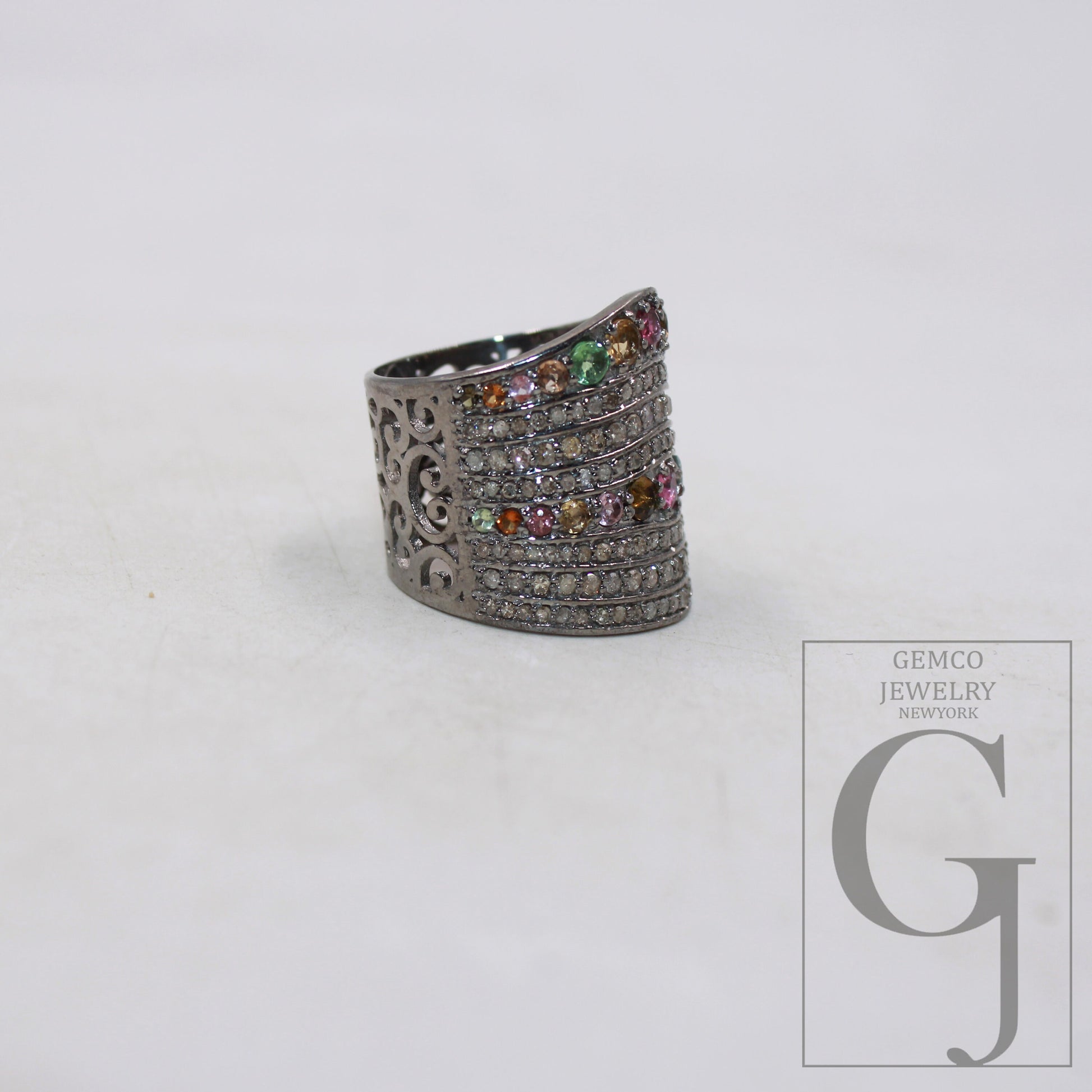 Oxidized finish multi tourmaline ring designer Rosecut pave handmade diamond ring sterling silver handmade silver finish diamond jewelry
