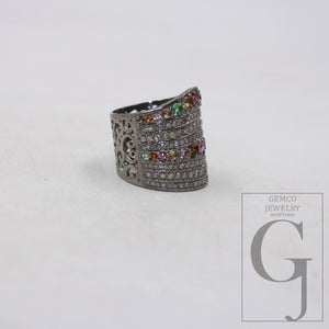 Oxidized finish multi tourmaline ring designer Rosecut pave handmade diamond ring sterling silver handmade silver finish diamond jewelry