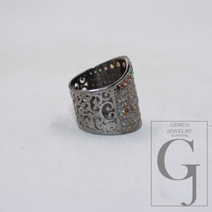Oxidized finish multi tourmaline ring designer Rosecut pave handmade diamond ring sterling silver handmade silver finish diamond jewelry