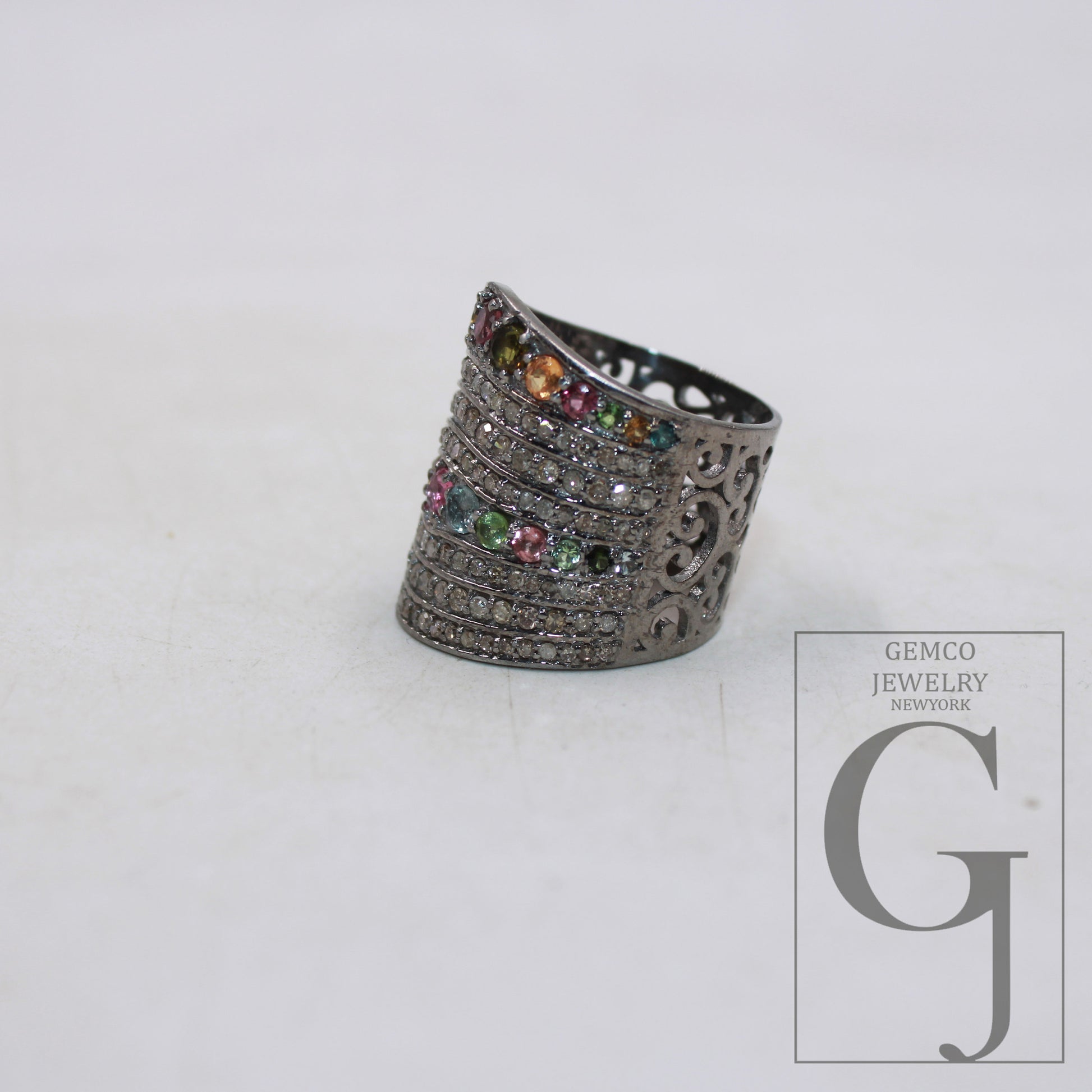Oxidized finish multi tourmaline ring designer Rosecut pave handmade diamond ring sterling silver handmade silver finish diamond jewelry