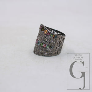 Oxidized finish multi tourmaline ring designer Rosecut pave handmade diamond ring sterling silver handmade silver finish diamond jewelry