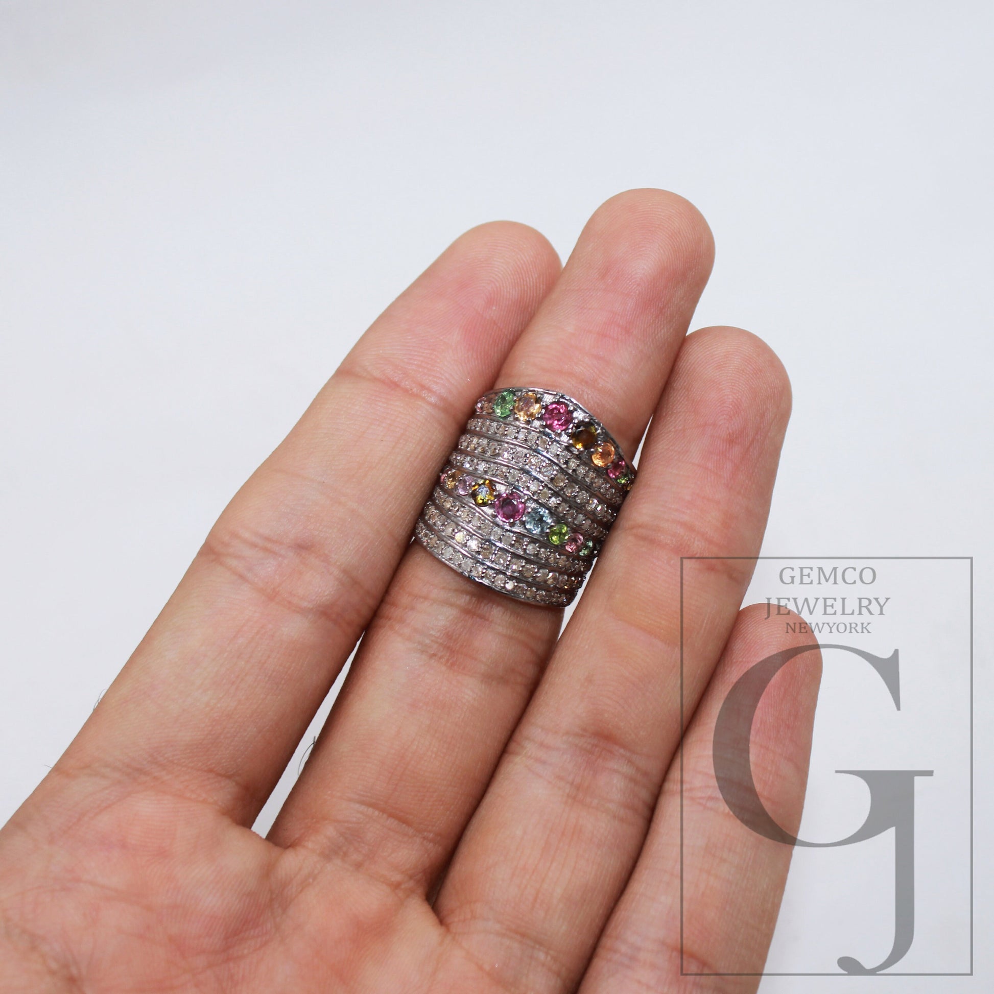 Oxidized finish multi tourmaline ring designer Rosecut pave handmade diamond ring sterling silver handmade silver finish diamond jewelry
