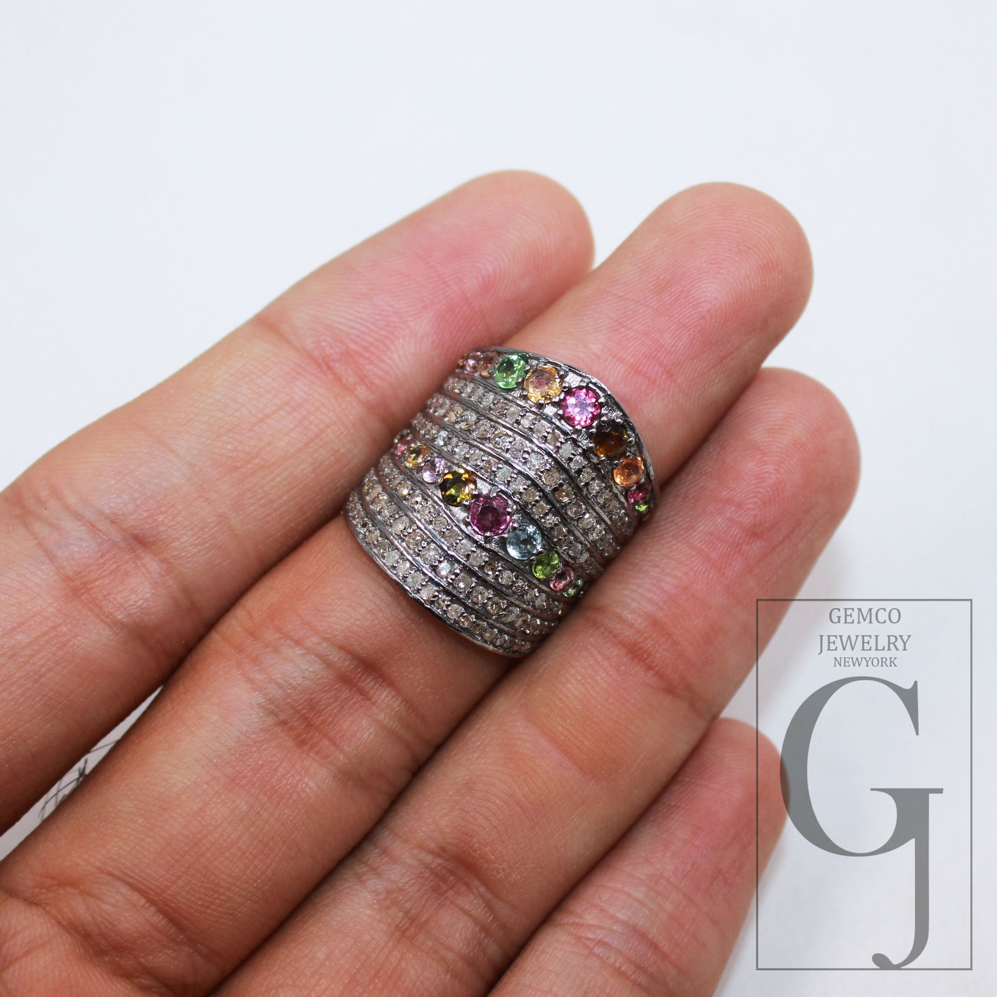 Oxidized finish multi tourmaline ring designer Rosecut pave handmade diamond ring sterling silver handmade silver finish diamond jewelry