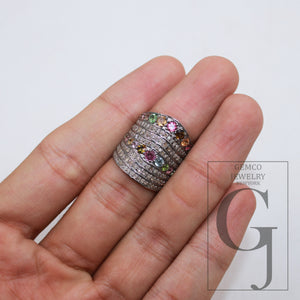 Oxidized finish multi tourmaline ring designer Rosecut pave handmade diamond ring sterling silver handmade silver finish diamond jewelry