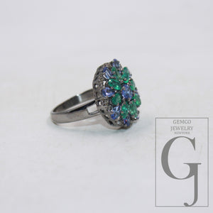 One of a kind designer emerald, tanzanite ring designer Rosecut pave diamond rings 925 sterling silver handmade silver finish diamond ring