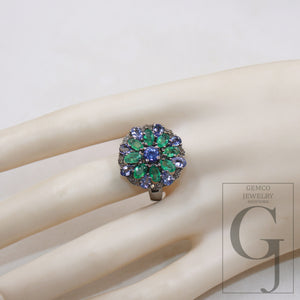 One of a kind designer emerald, tanzanite ring designer Rosecut pave diamond rings 925 sterling silver handmade silver finish diamond ring jewelry