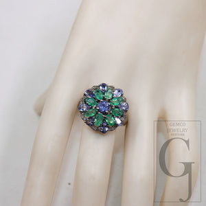 One Of A Kind Designer Emerald, Tanzanite Ring Designer Rosecut Pave Diamond Rings 925 Sterling Silver Handmade Silver Finish Diamond Ring