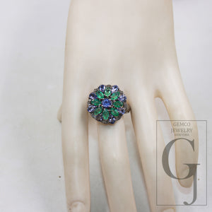 One of a kind designer emerald, tanzanite ring designer Rosecut pave diamond rings 925 sterling silver handmade silver finish diamond ring jewelry