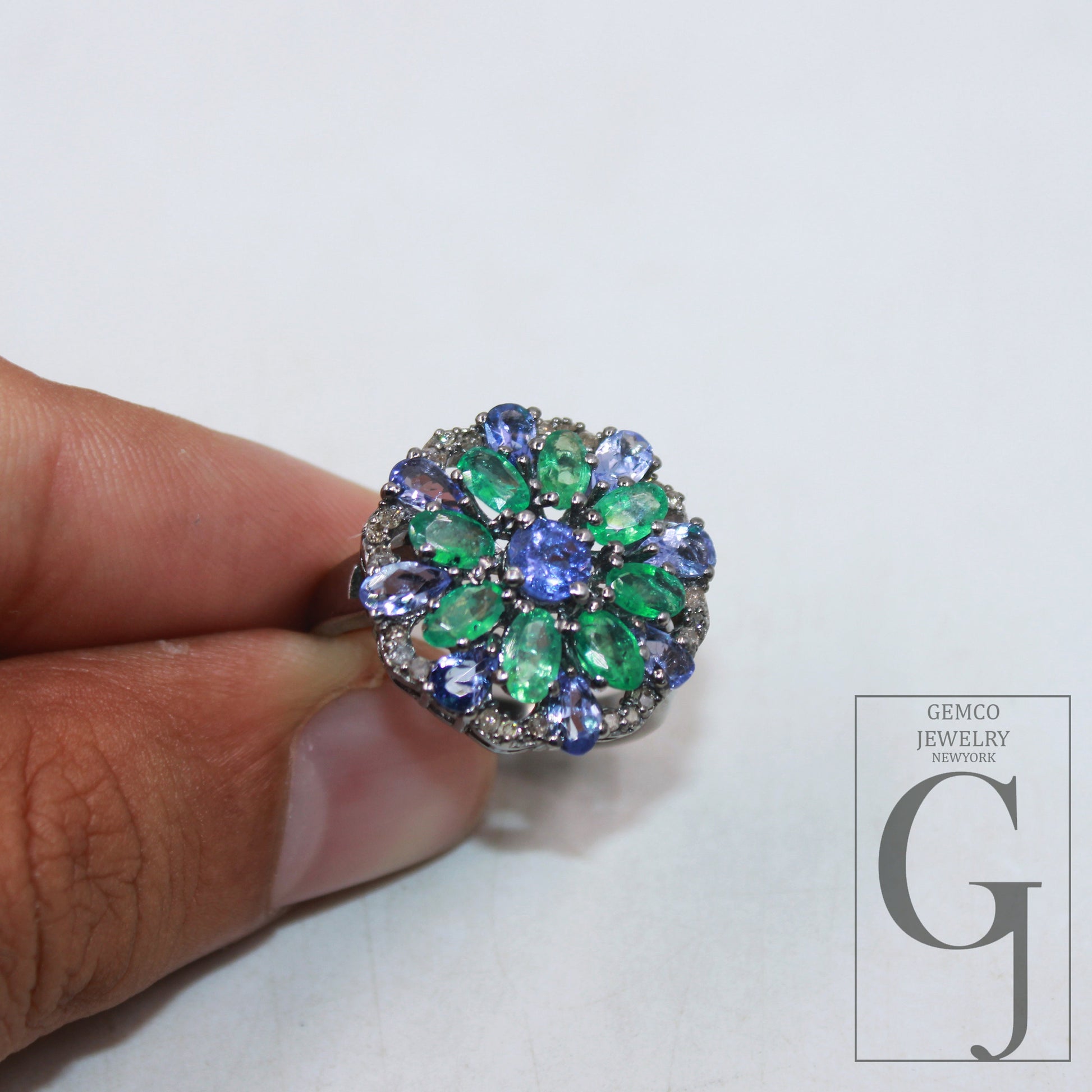 One of a kind designer emerald, tanzanite ring designer Rosecut pave diamond rings 925 sterling silver handmade silver finish diamond ring jewelry