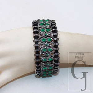 Green Emerald Design Thread Bracelet Rosecut Pave Diamond Thread Bangle Bracelet 925 Sterling Silver Handmade Finish Bangle Macrame Bracelet