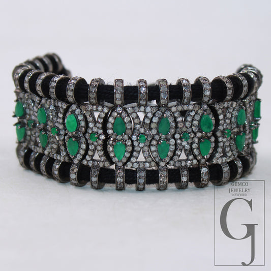 Green Emerald Design Thread Bracelet Rosecut Pave Diamond Thread Bangle Bracelet 925 Sterling Silver Handmade Finish Bangle Macrame Bracelet