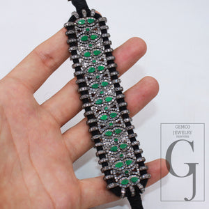 Green Emerald Design Thread Bracelet Rosecut Pave Diamond Thread Bangle Bracelet 925 Sterling Silver Handmade Finish Bangle Macrame Bracelet