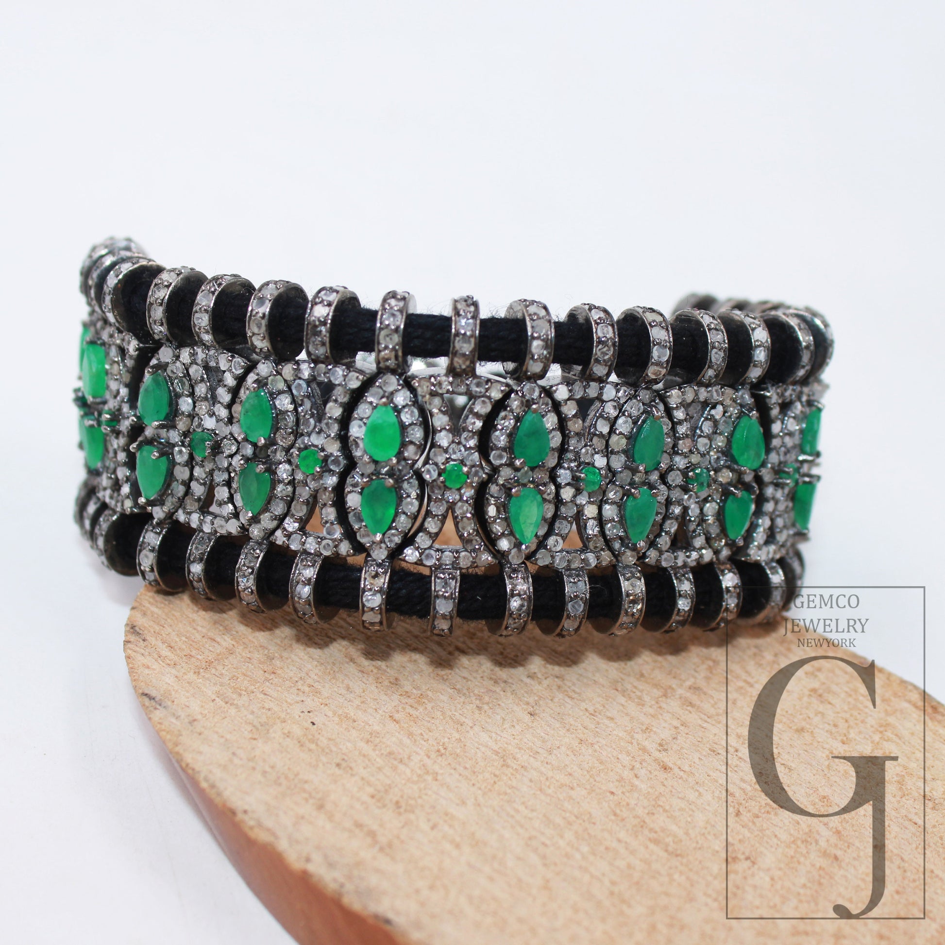 Green Emerald Design Thread Bracelet Rosecut Pave Diamond Thread Bangle Bracelet 925 Sterling Silver Handmade Finish Bangle Macrame Bracelet