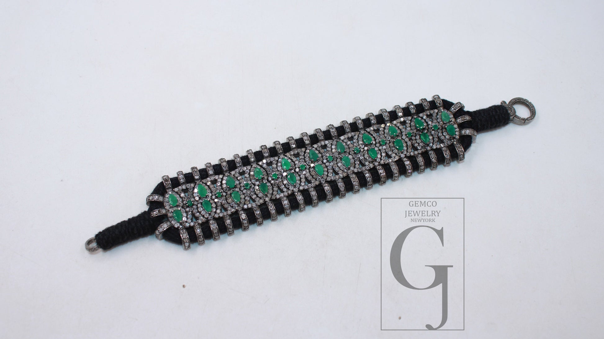 Green Emerald Design Thread Bracelet Rosecut Pave Diamond Thread Bangle Bracelet 925 Sterling Silver Handmade Finish Bangle Macrame Bracelet