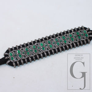 Green Emerald Design Thread Bracelet Rosecut Pave Diamond Thread Bangle Bracelet 925 Sterling Silver Handmade Finish Bangle Macrame Bracelet