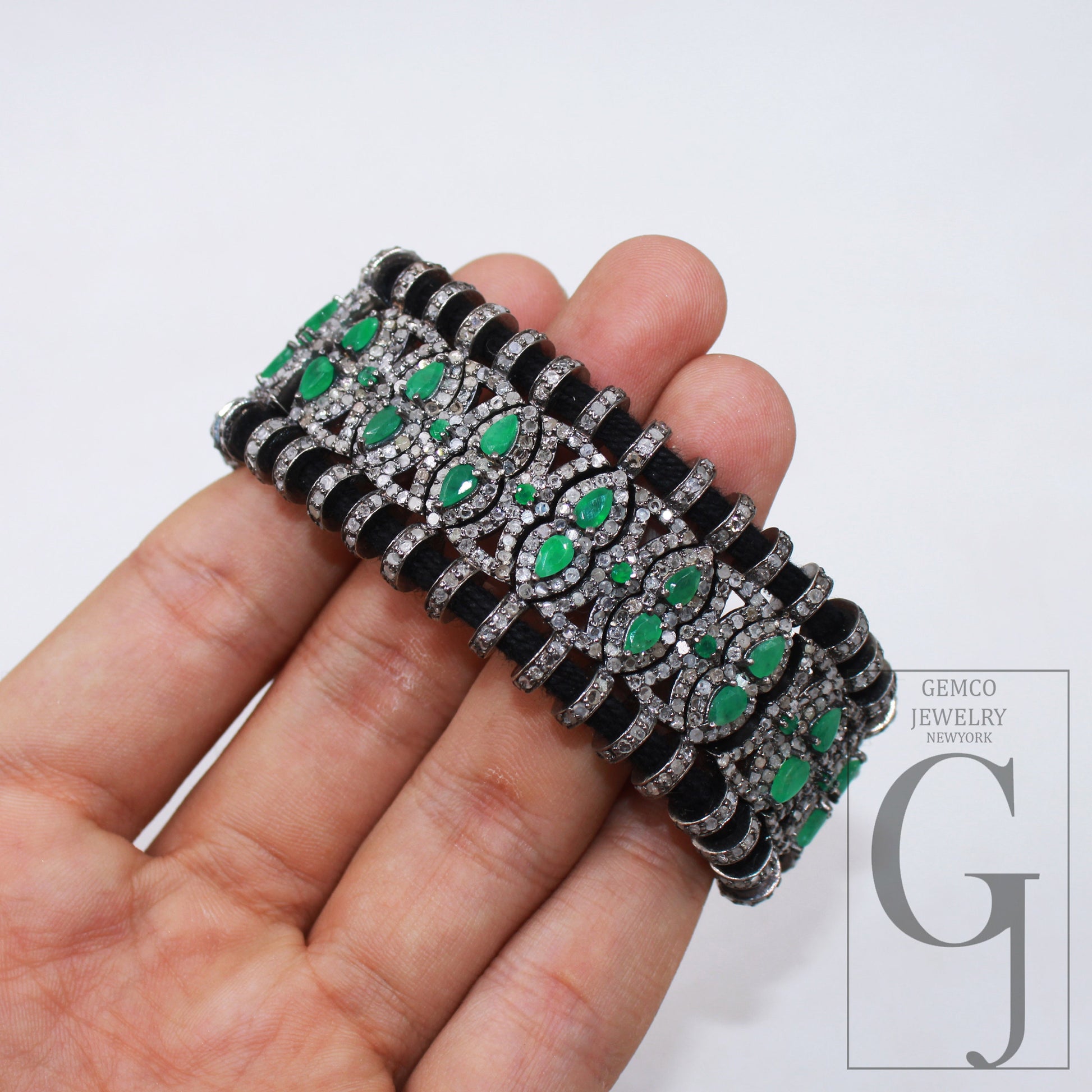 Green Emerald Design Thread Bracelet Rosecut Pave Diamond Thread Bangle Bracelet 925 Sterling Silver Handmade Finish Bangle Macrame Bracelet