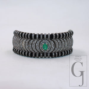 Green emerald design thread bracelet Rosecut pave diamond thread bangle bracelet 925 sterling silver handmade finish bangle macrame bracelet