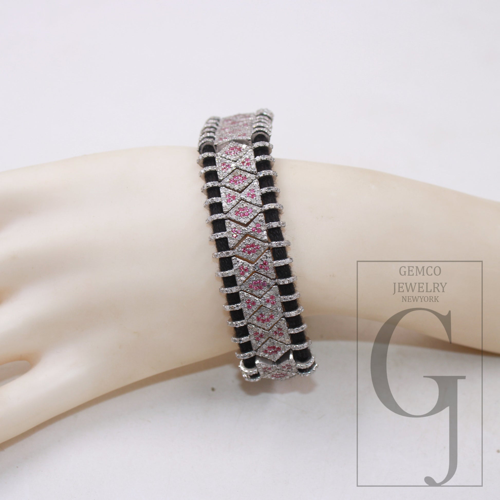 1pc pink design thread bracelet Rosecut pave diamond thread bangle bracelet 925 sterling silver handmade finish bangle macrame bracelet