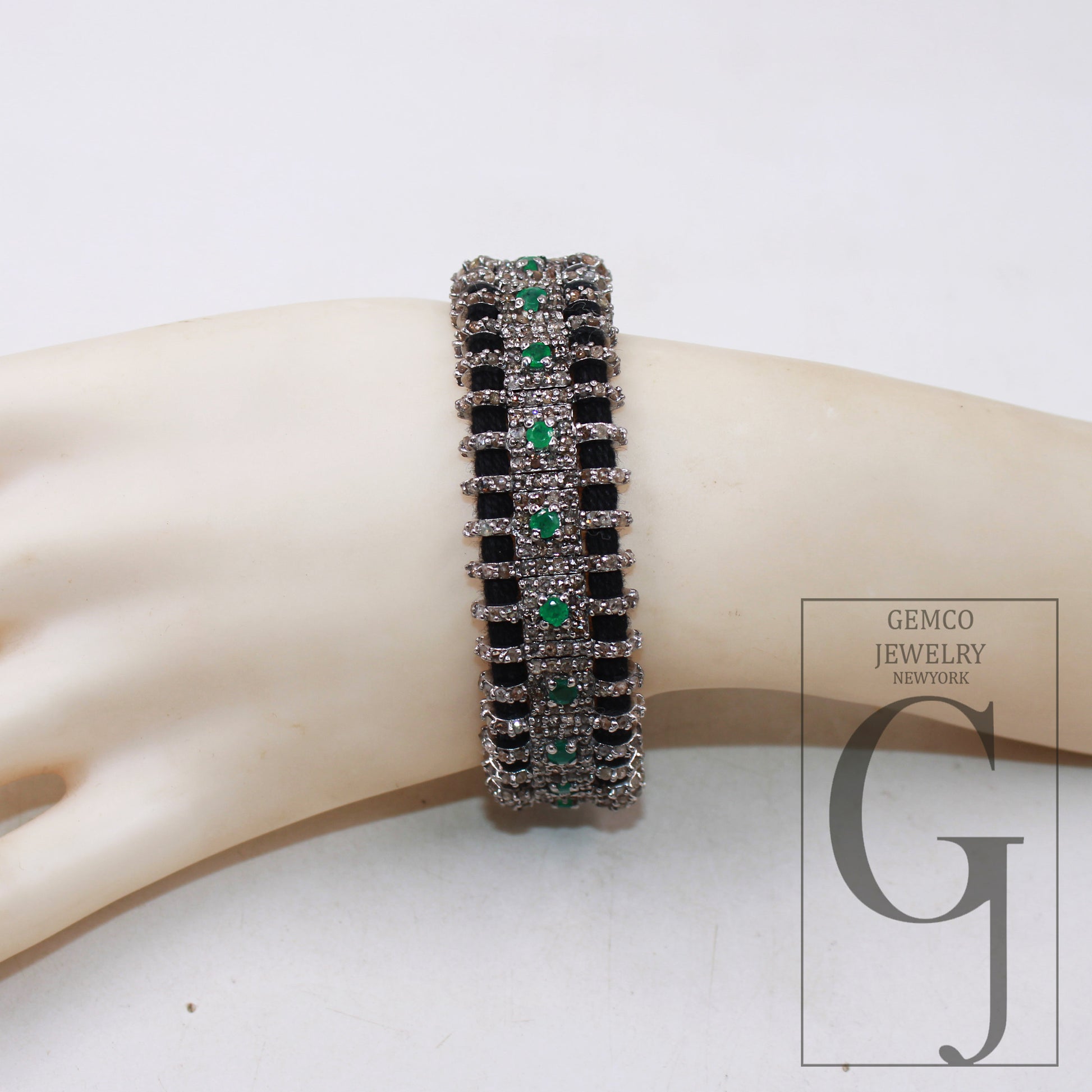 1pc natural emeralds design thread bracelet Rosecut pave diamond thread bangle bracelet 925 sterling silver handmade finish bangle bracelet