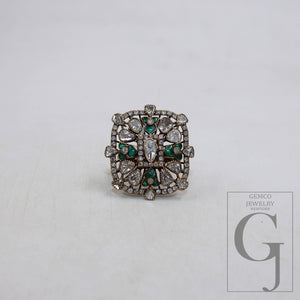 Antique look solid gold ring polki diamond handmade diamond ring gold jewelry indian style jewelry emerald ring open polki setting jewelry